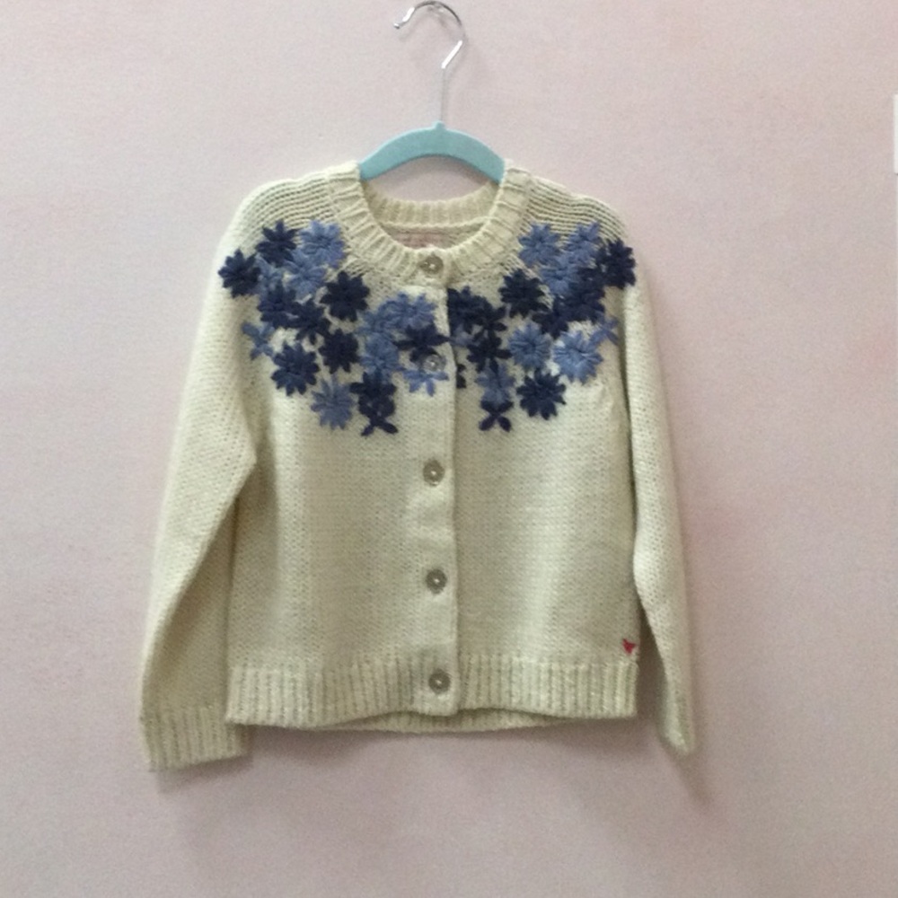 Girls Cream Floral-Appliqué Knit Cardigan Sweater